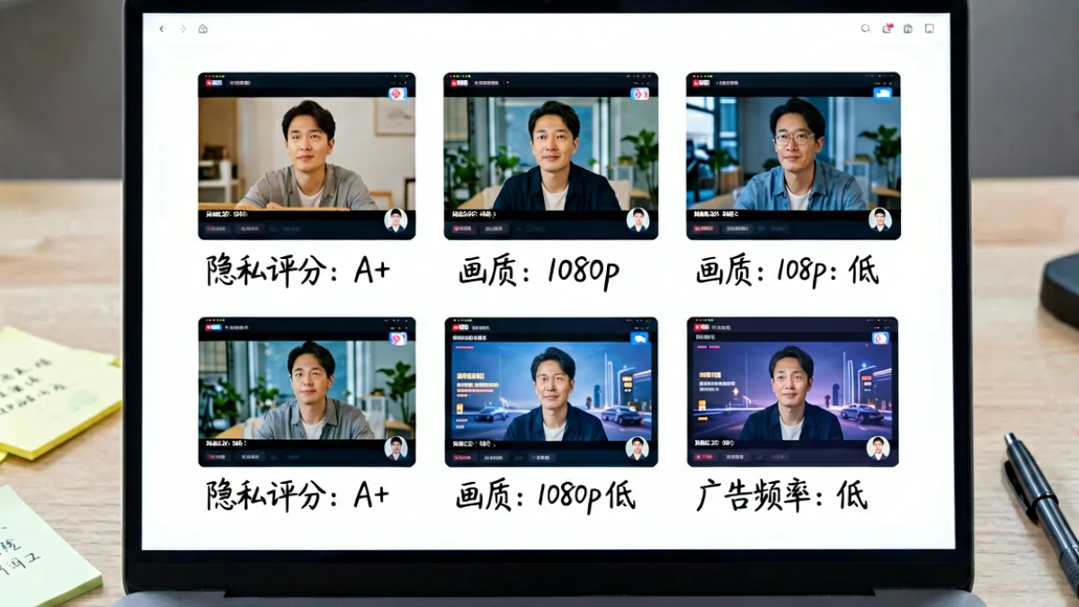 电脑显示器上展示多个视频平台界面对比图，标注了隐私安全评分和画质等级，帮助用户快速判断平台可靠性