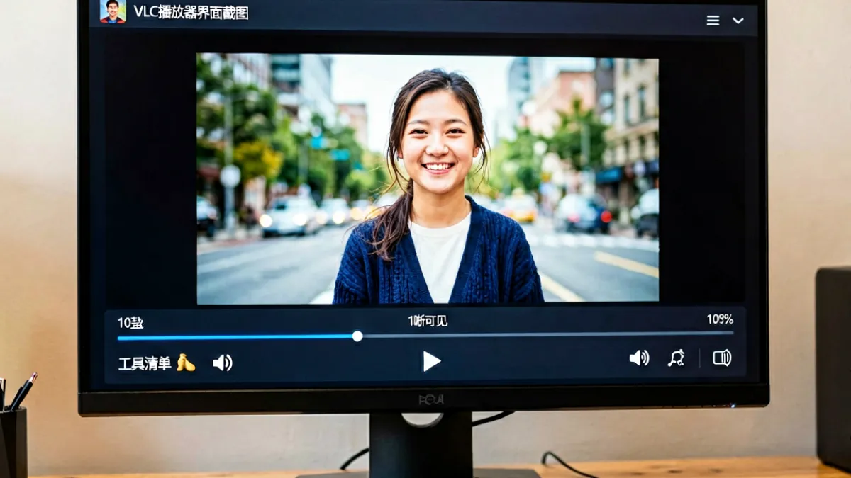  VLC播放器界面截图，正在播放视频文件，进度条和音量控制清晰可见，背景为深色主题